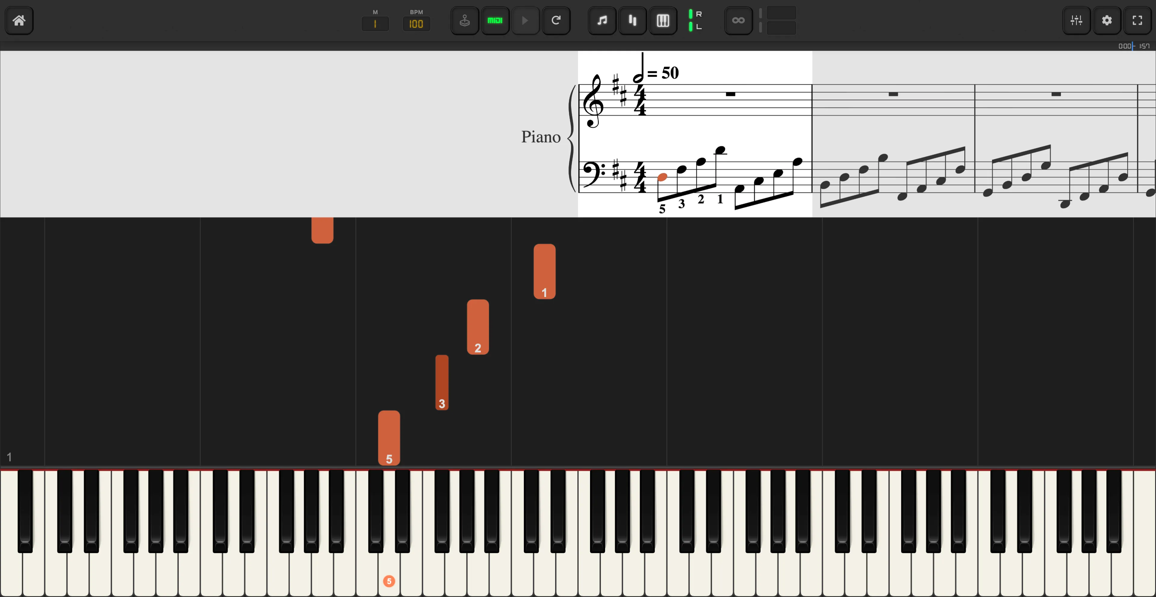 Visual connection between sheet music notes and piano keys